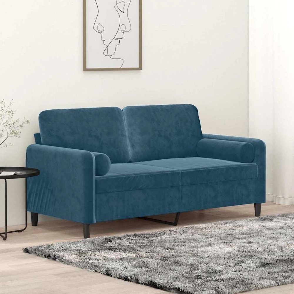Dvivietė sofa su pagalvėlėmis, mėlynos spalvos, 140cm, aksomas