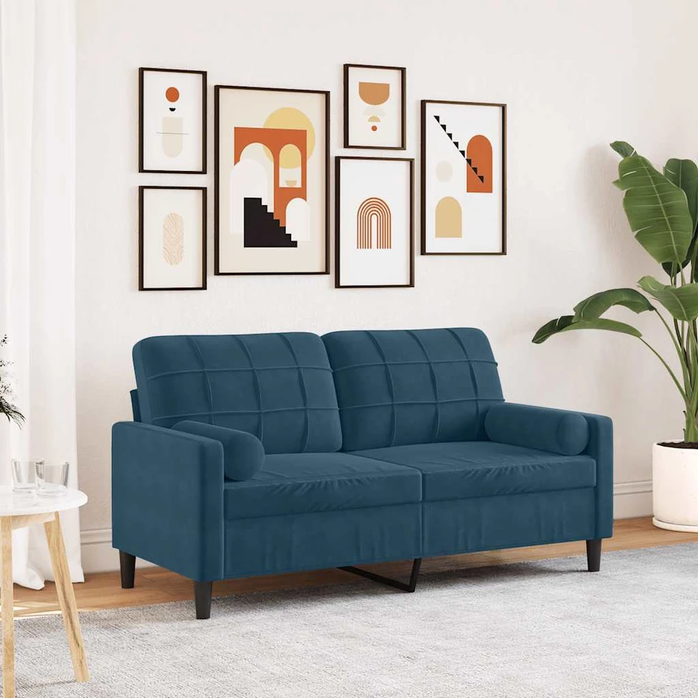 Dvivietė sofa su pagalvėlėmis, mėlynos spalvos, 140cm, aksomas