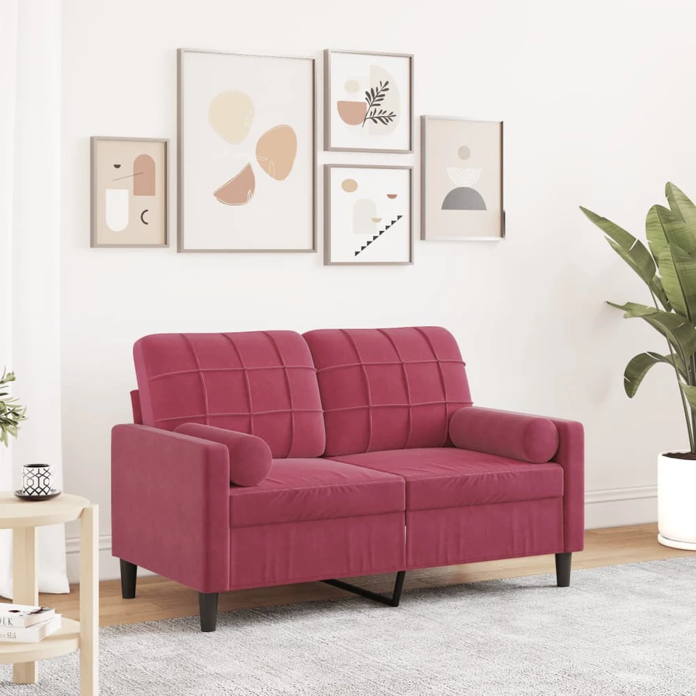 Dvivietė sofa su pagalvėlėmis, raudonojo vyno, 120cm, aksomas