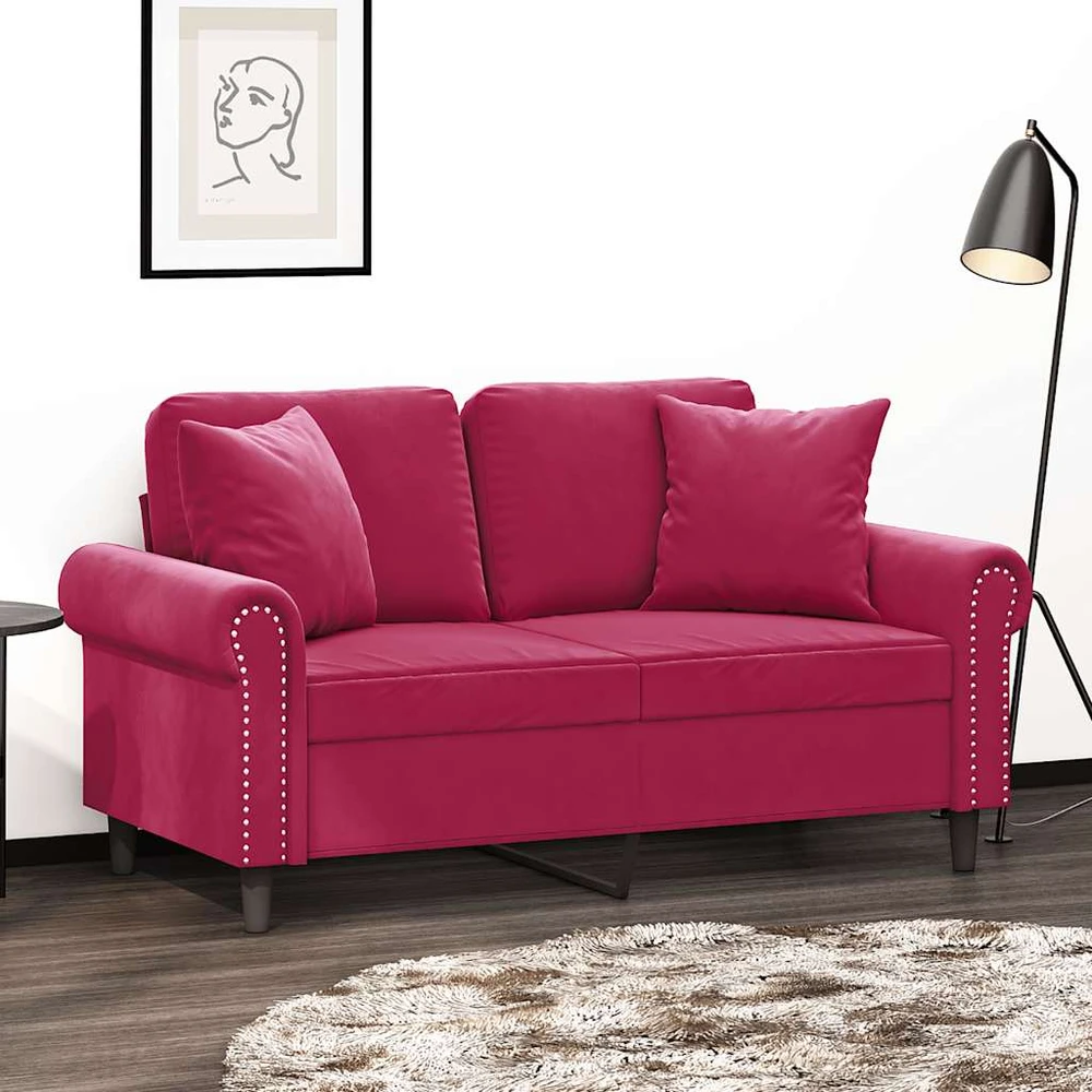 Dvivietė sofa su pagalvėlėmis, raudonojo vyno, 120cm, aksomas