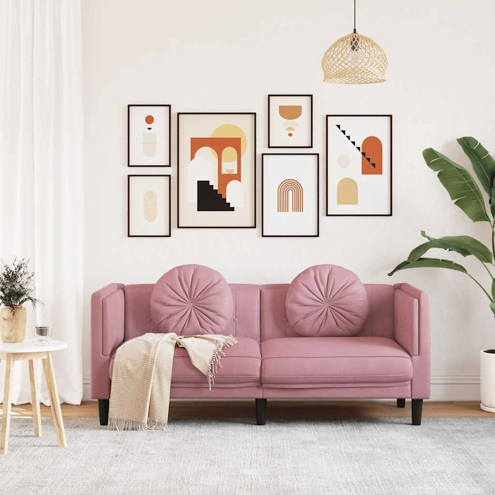 Dvivietė sofa su pagalvėlėmis, rožinės spalvos, aksomas