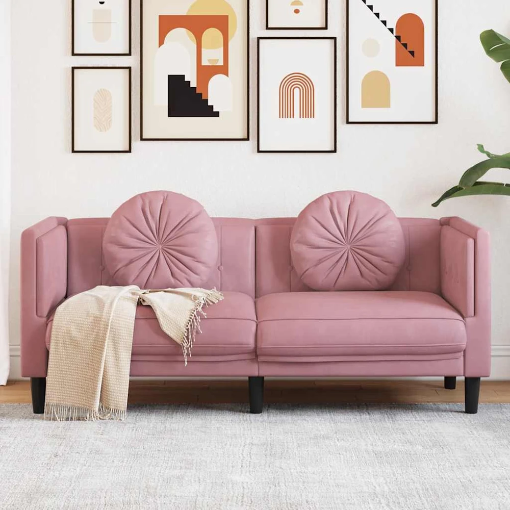 Dvivietė sofa su pagalvėlėmis, rožinės spalvos, aksomas