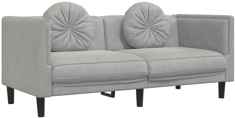 Dvivietė sofa su pagalvėlėmis, šviesiai pilkos spalvos, aksomas