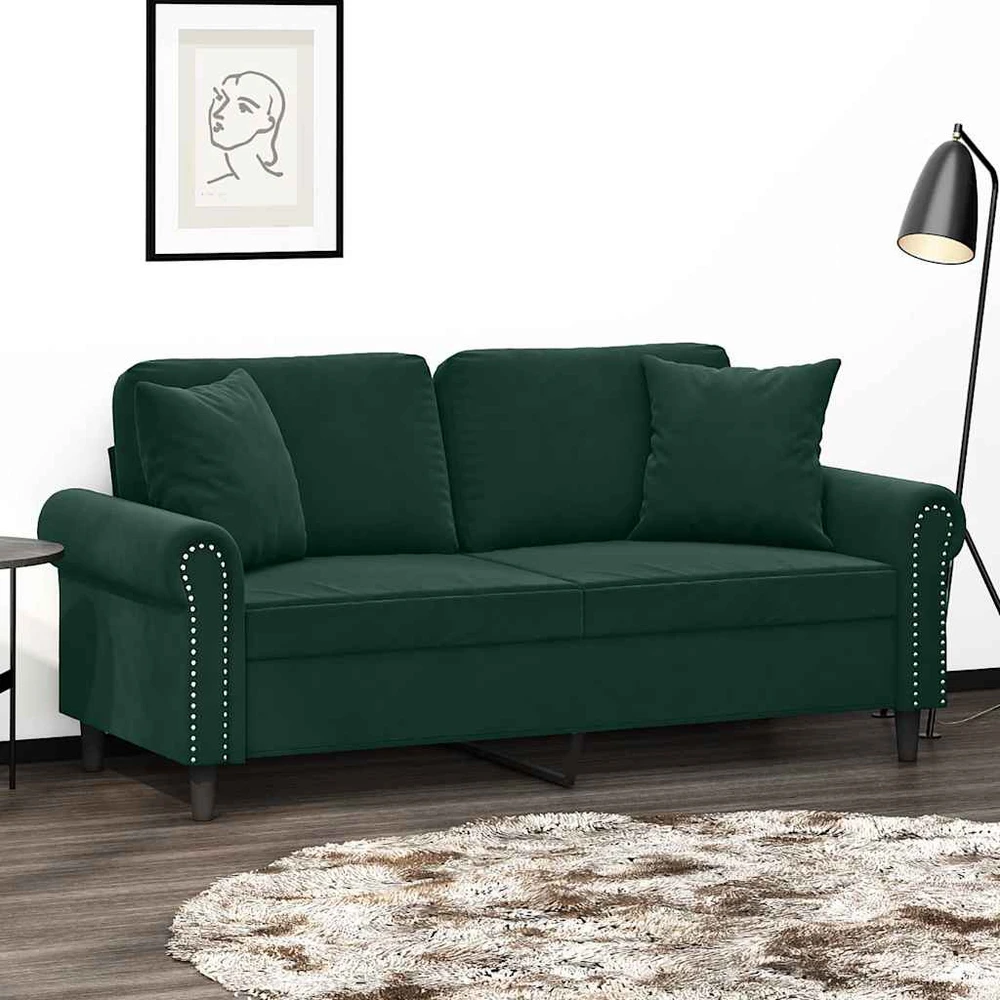 Dvivietė sofa su pagalvėlėmis, tamsiai žalia, 140cm, aksomas
