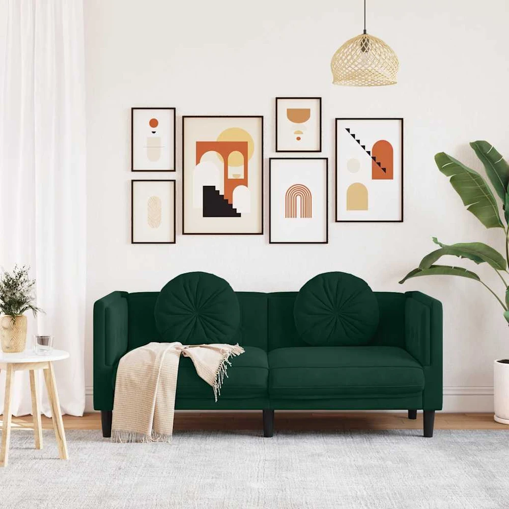 Dvivietė sofa su pagalvėlėmis, tamsiai žalios spalvos, aksomas