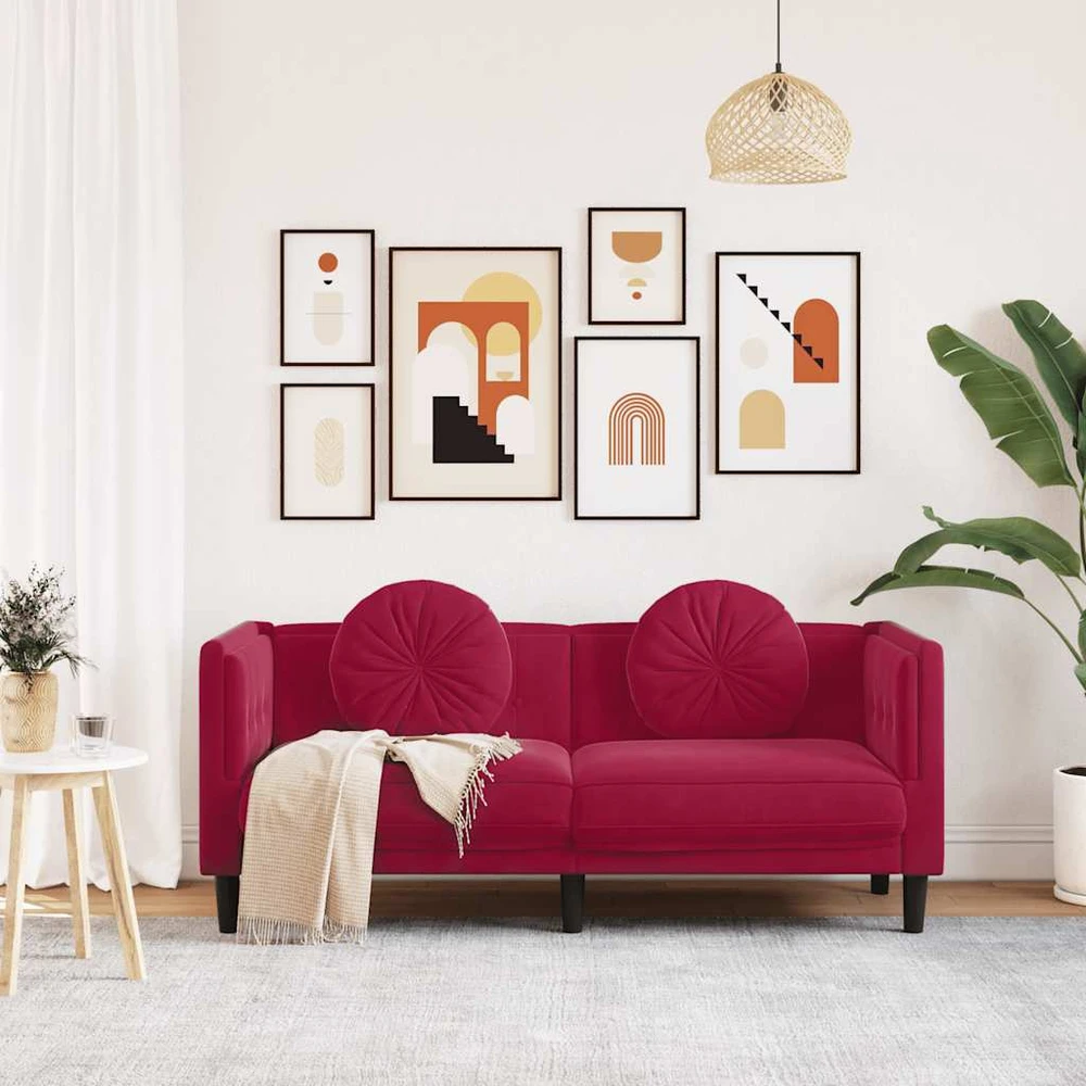 Dvivietė sofa su pagalvėlėmis, vyno raudonos spalvos, aksomas