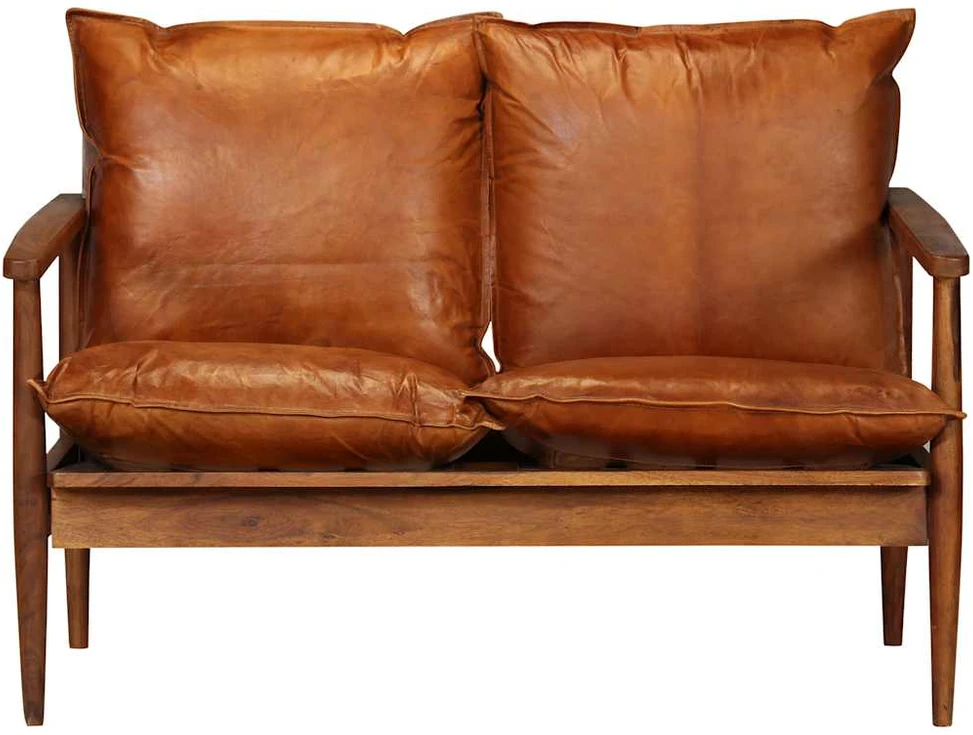 Dvivietė sofa, tikra oda ir akacijos mediena, ruda