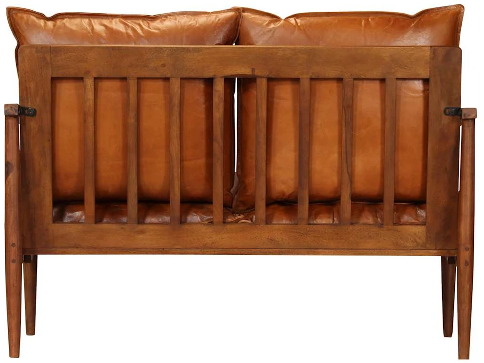 Dvivietė sofa, tikra oda ir akacijos mediena, ruda
