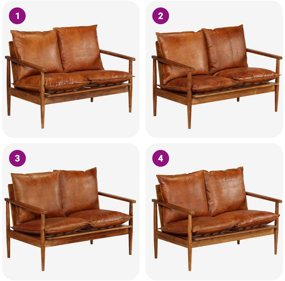 Dvivietė sofa, tikra oda ir akacijos mediena, ruda