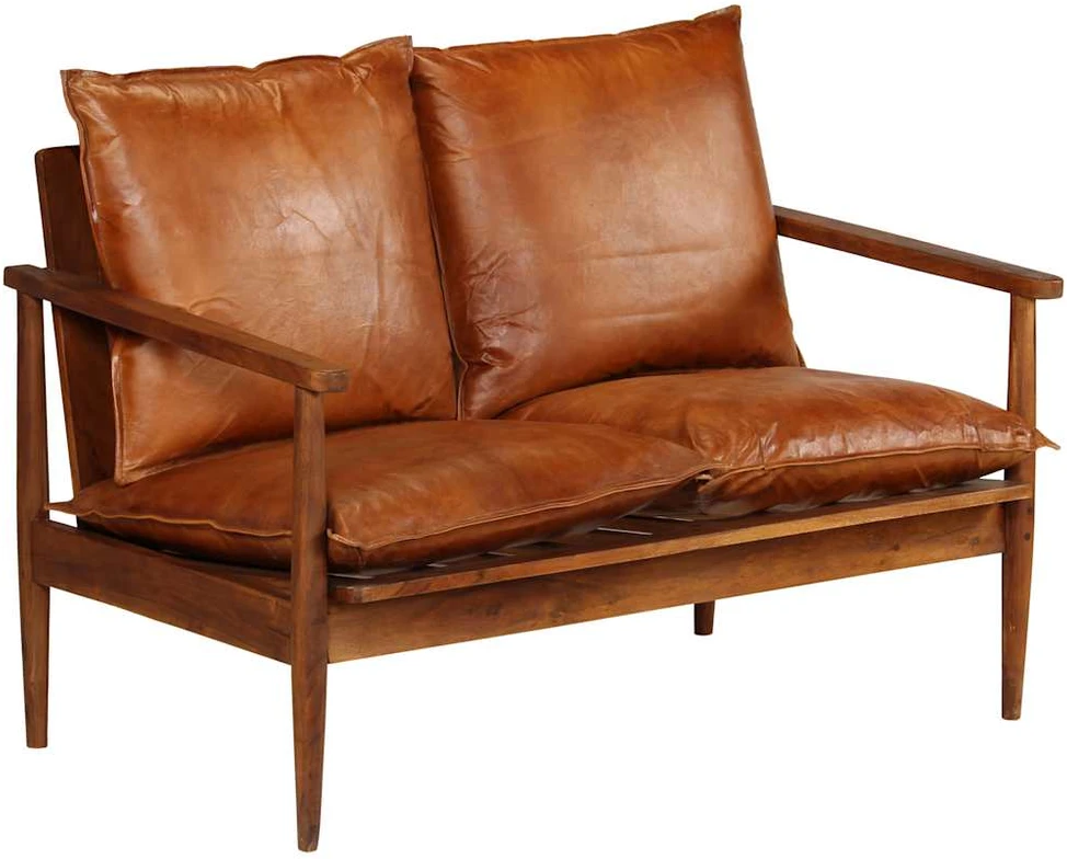 Dvivietė sofa, tikra oda ir akacijos mediena, ruda