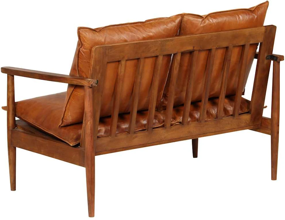 Dvivietė sofa, tikra oda ir akacijos mediena, ruda