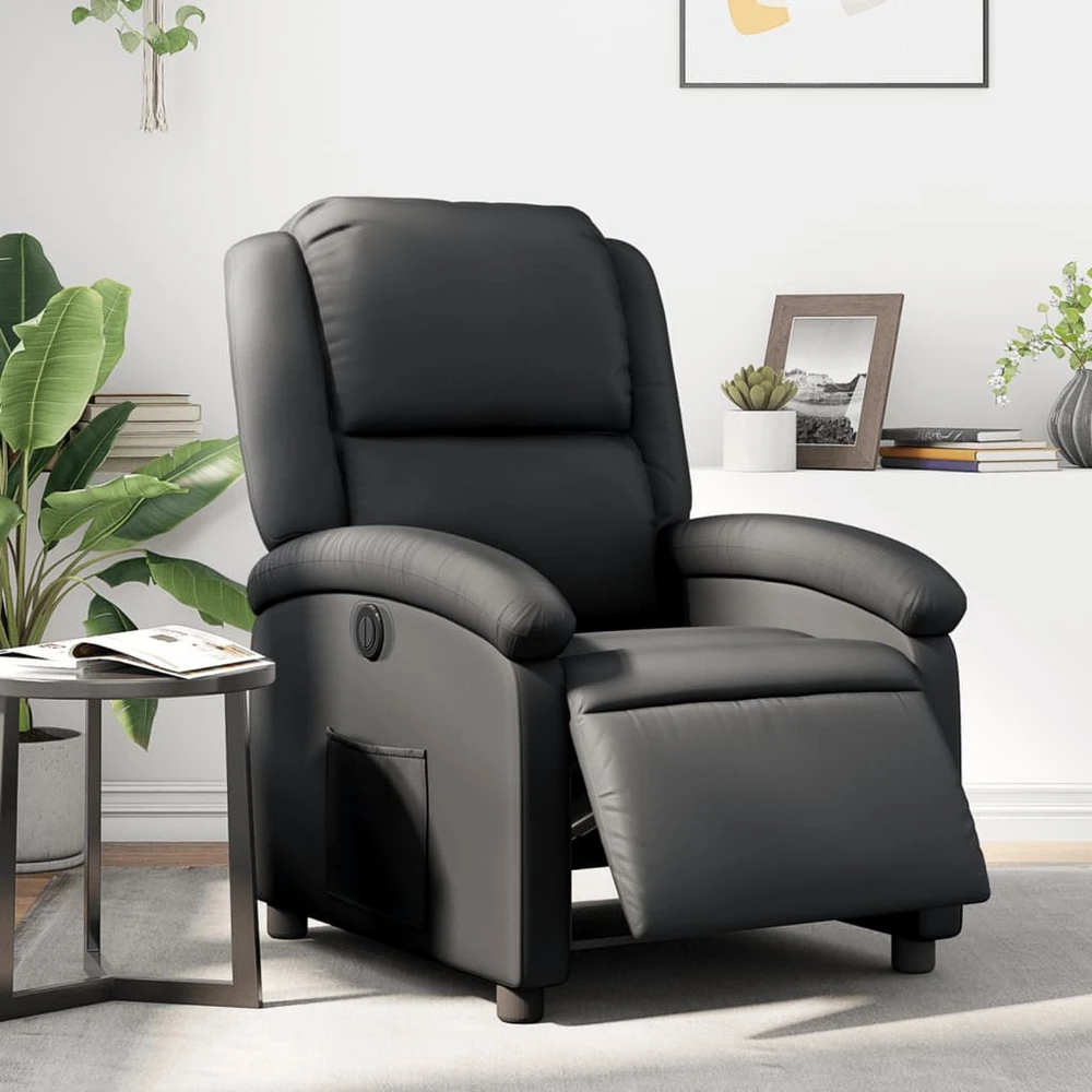 Fotelis Elektrinis atlošiamas krėslas, juodos spalvos, tikra oda