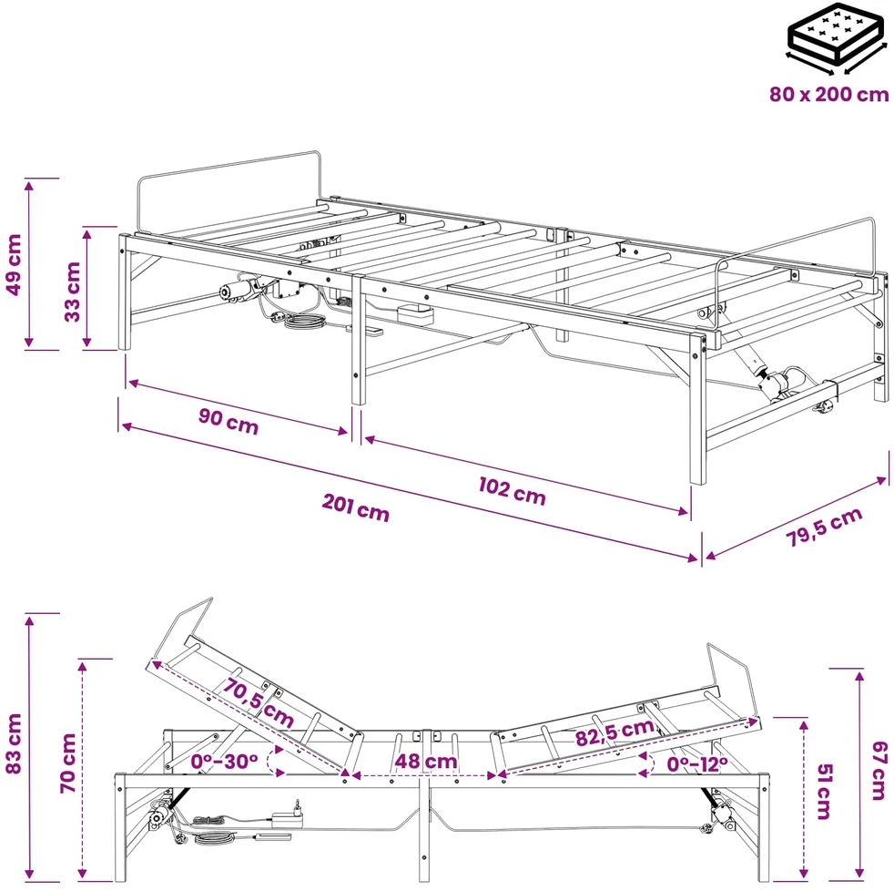 Lova Elektrinis reguliuojamas lovos rėmas Balta 80 x 200 cm Plienas