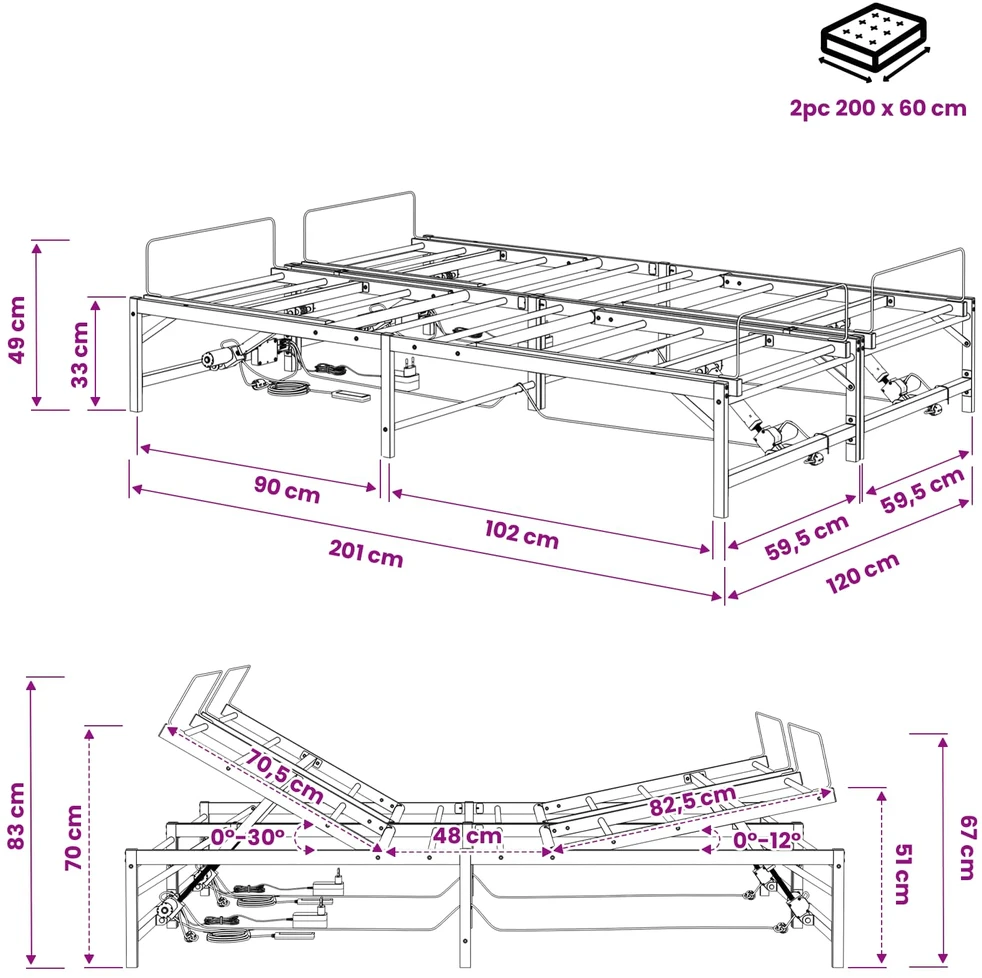 Lova Elektrinis reguliuojamas lovos rėmas Juoda 120 x 200 cm Plienas