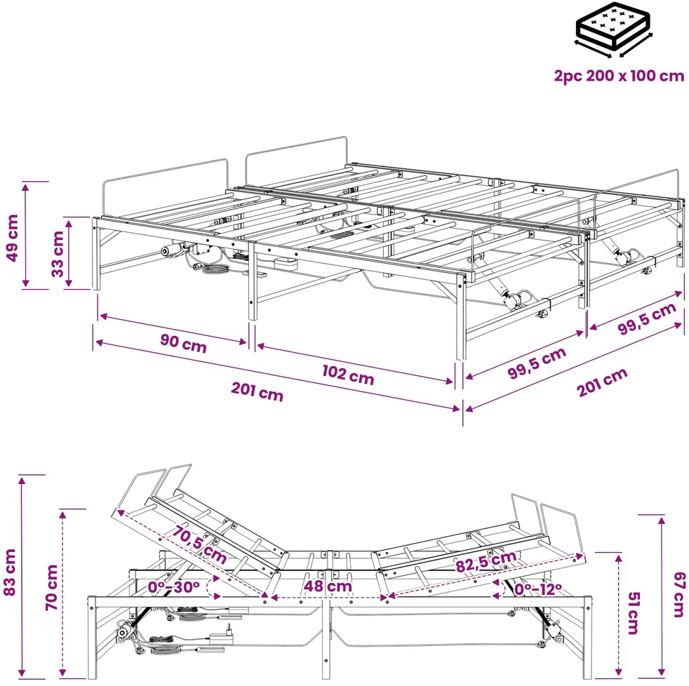 Lova Elektrinis reguliuojamas lovos rėmas Juoda 200 x 200 cm Plienas