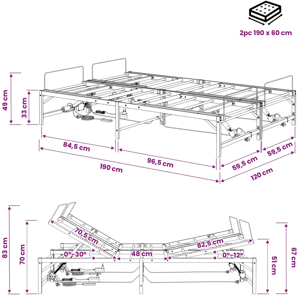 Lova Elektrinis reguliuojamas lovos rėmas Juoda 120 x 190 cm Plienas