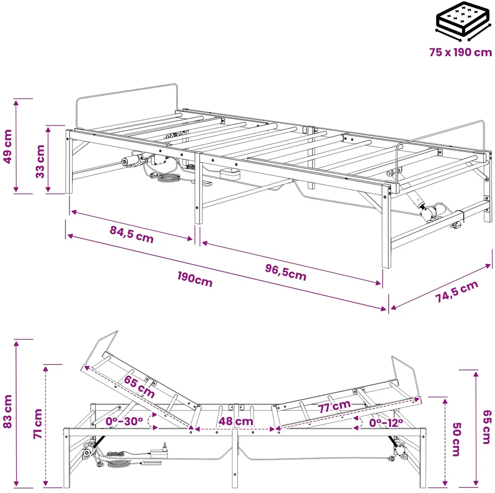 Lova Elektrinis reguliuojamas lovos rėmas Juoda 75 x 190 cm Plienas