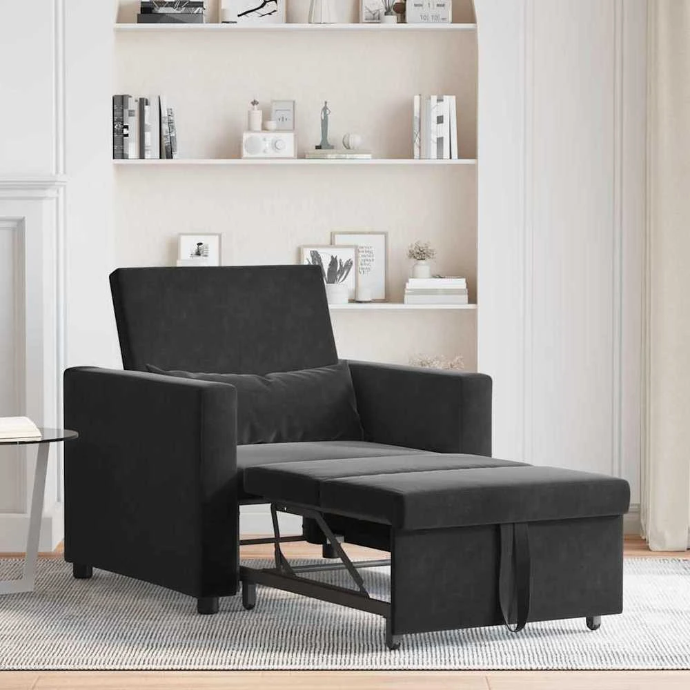 Fotelis Ištraukiamas sofa-lova vienvietis su ratais Juoda Aksomas