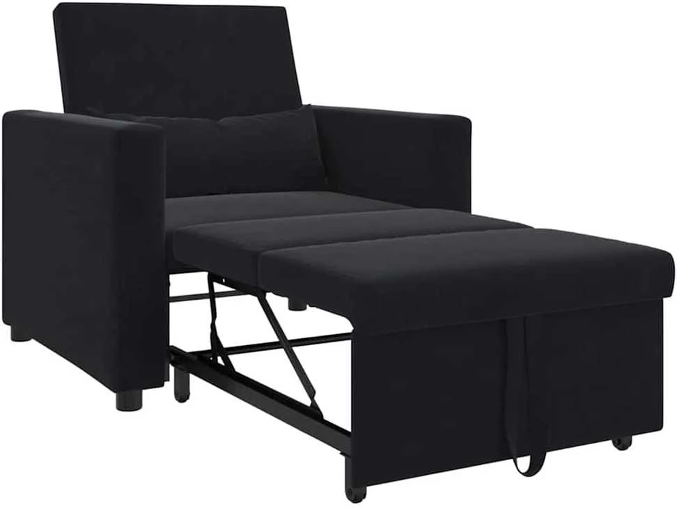 Fotelis Ištraukiamas sofa-lova vienvietis su ratais Juoda Aksomas
