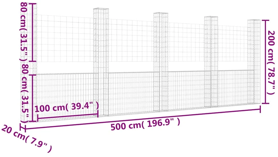 Gabionų krepšiai su 5 kolonomis, 500x20x200cm, geležis