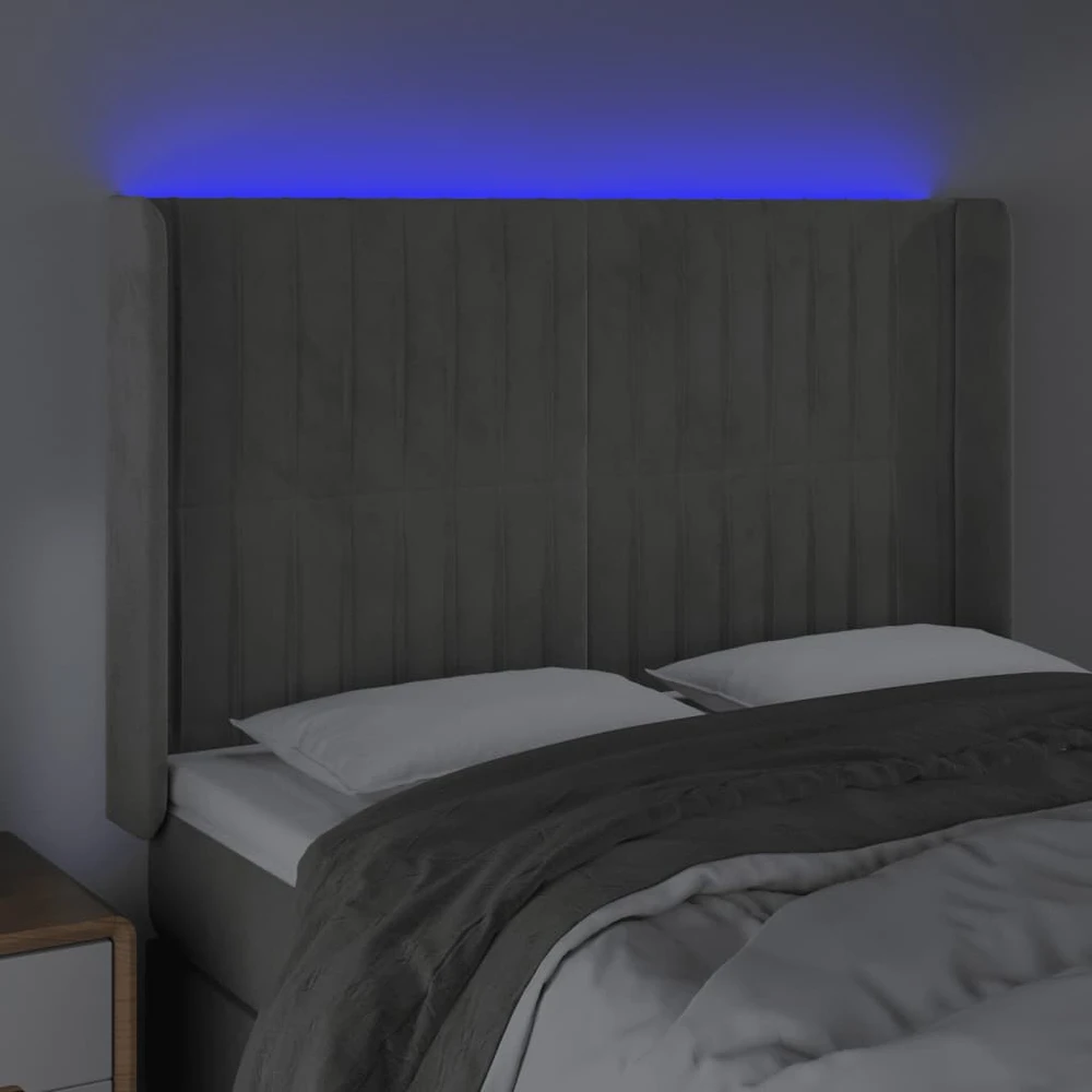 Galvūgalis su LED, šviesiai pilkas, 147x16x118/128cm, aksomas