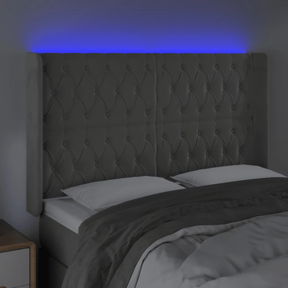Galvūgalis su LED, šviesiai pilkas, 163x16x118/128cm, aksomas