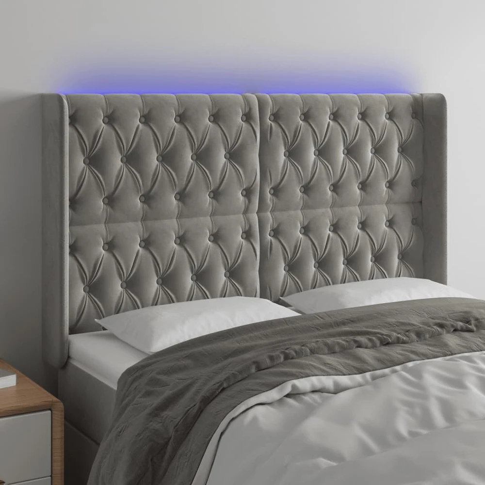 Galvūgalis su LED, šviesiai pilkas, 163x16x118/128cm, aksomas