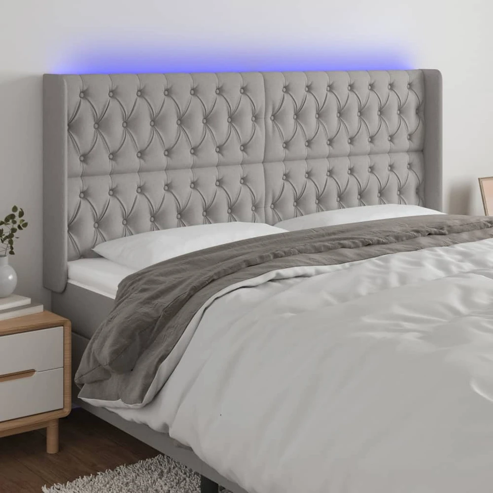 Galvūgalis su LED, šviesiai pilkas, 203x16x118/128cm, audinys