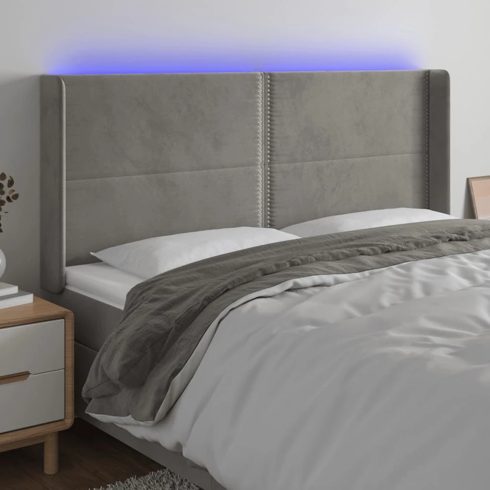 Galvūgalis su LED, šviesiai pilkas, 203x16x118/128cm, aksomas