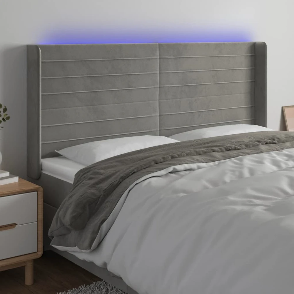 Galvūgalis su LED, šviesiai pilkas, 203x16x118/128cm, aksomas