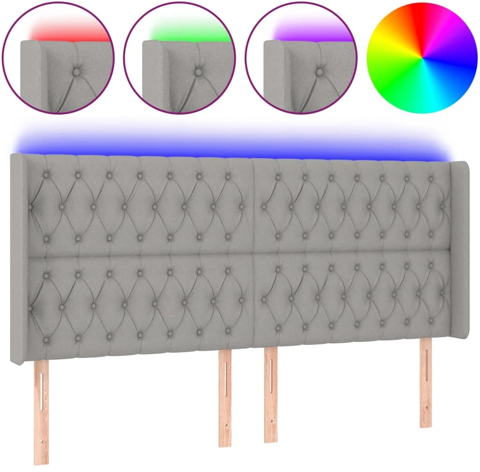 Galvūgalis su LED, šviesiai pilkas, 203x16x118/128cm, audinys