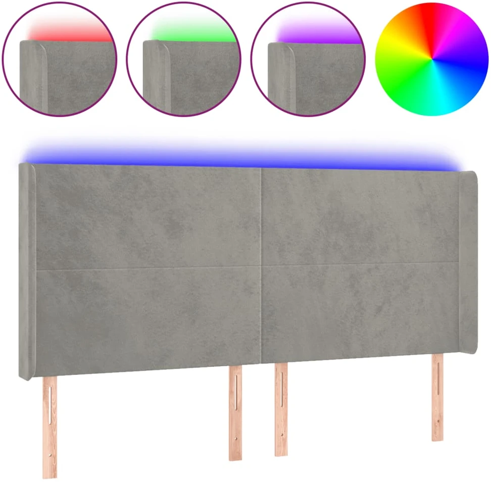 Galvūgalis su LED, šviesiai pilkas, 203x16x118/128cm, aksomas