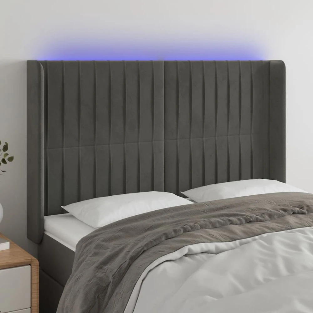 Galvūgalis su LED, tamsiai pilkas, 147x16x118/128cm, aksomas