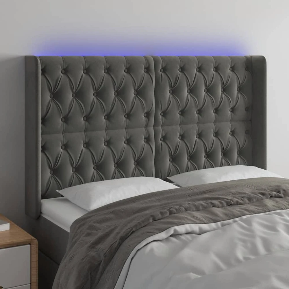 Galvūgalis su LED, tamsiai pilkas, 147x16x118/128cm, aksomas