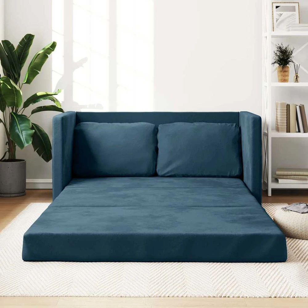 Grindų sofa-lova, 2-1, mėlynos spalvos, 122x204x55cm, aksomas