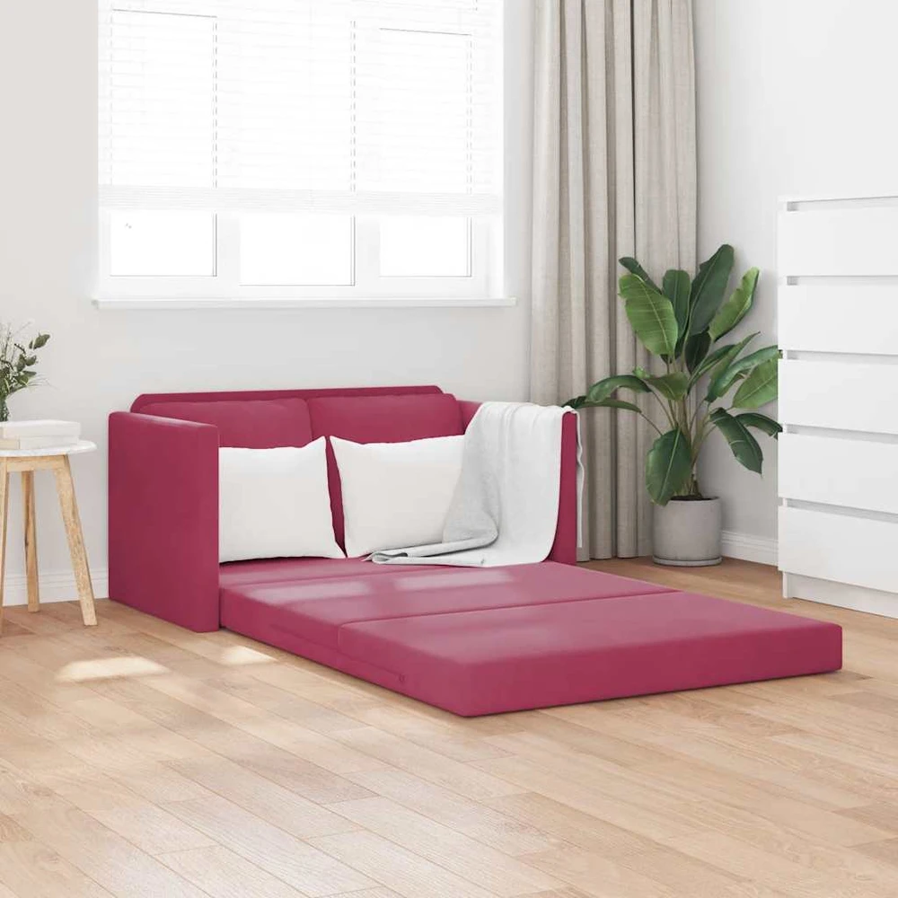 Grindų sofa-lova, 2-1, raudonojo vyno, 122x204x55cm, aksomas