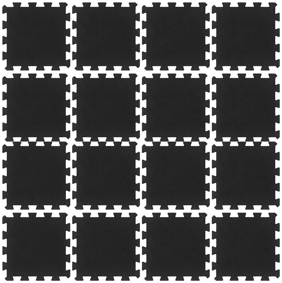 Guminės grindų plytelės, 16vnt., juodos, 30x30cm, 16mm