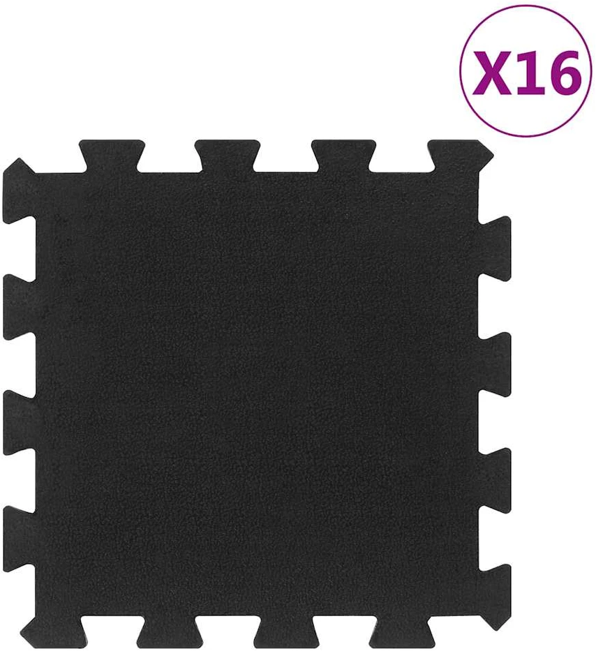 Guminės grindų plytelės, 16vnt., juodos, 30x30cm, 16mm