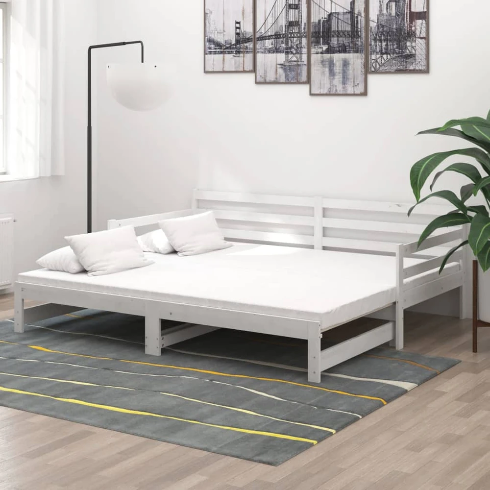 Ištraukiama lova, balta, 2x(90x200)cm, pušies medienos masyvas