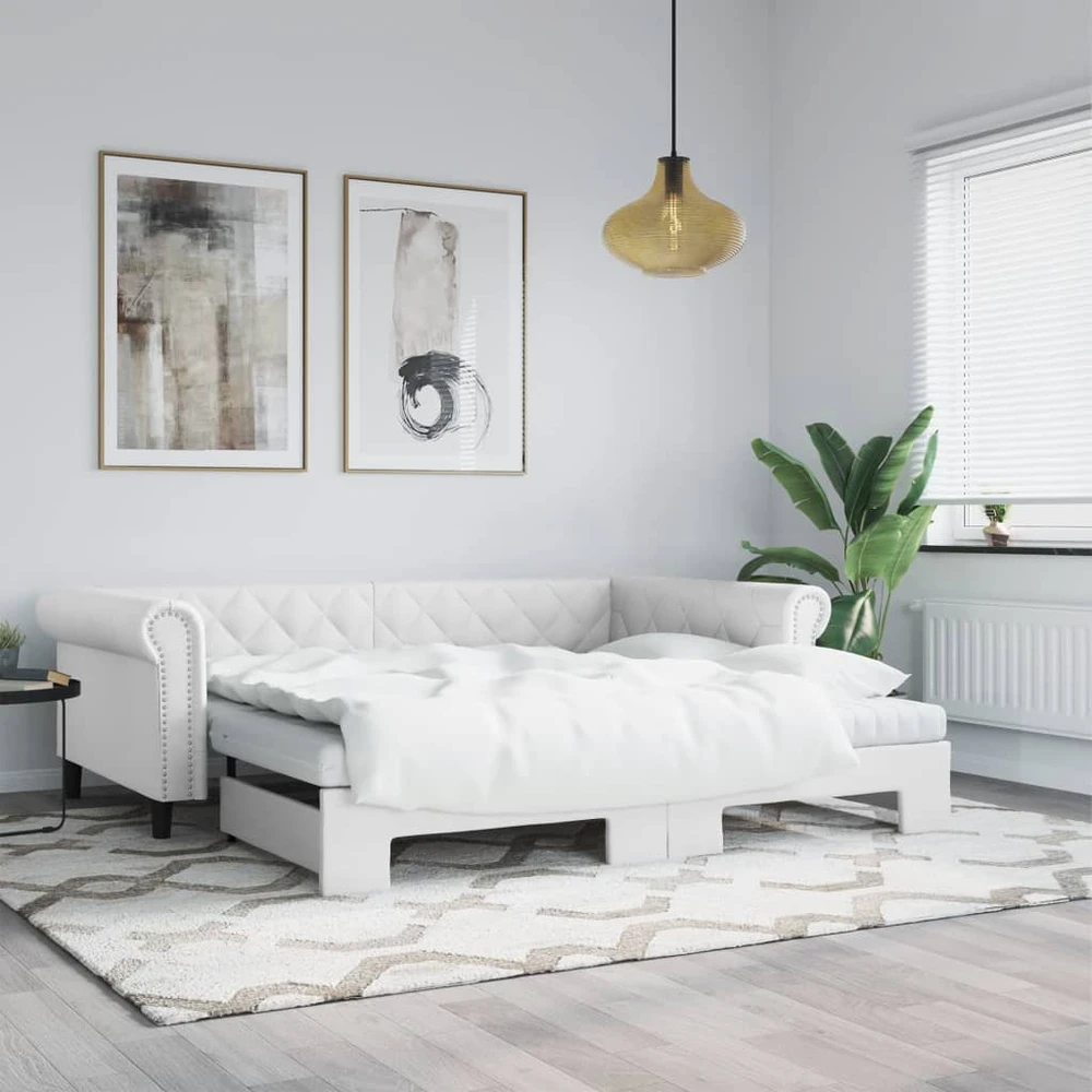 Ištraukiama lova su čiužiniais, balta, 90x200cm, dirbtinė oda