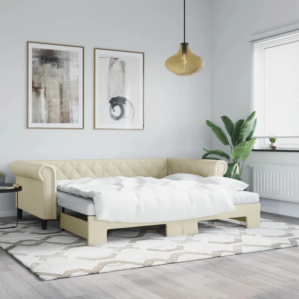 Ištraukiama lova su čiužiniais, kreminė, 90x200cm, dirbtinė oda