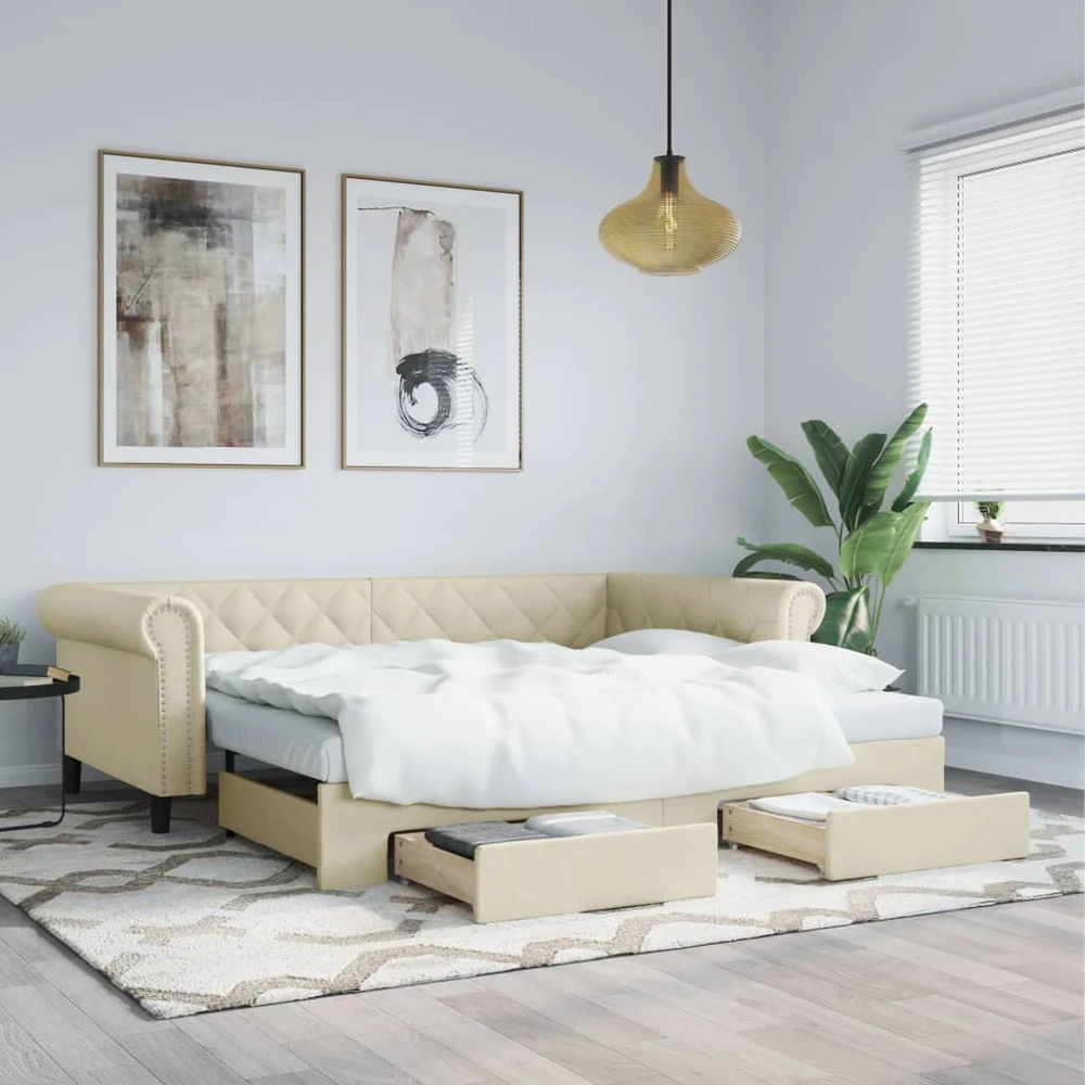 Ištraukiama lova su stalčiais, kreminė, 90x200cm, dirbtinė oda