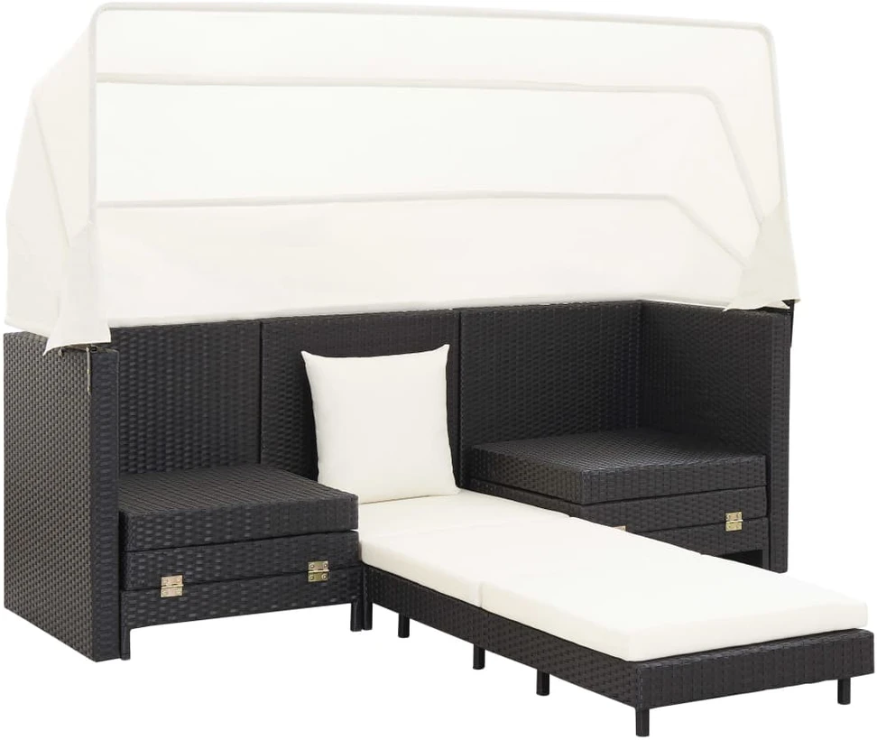 Ištraukiama trivietė sofa-lova su stogeliu, juoda, poliratanas