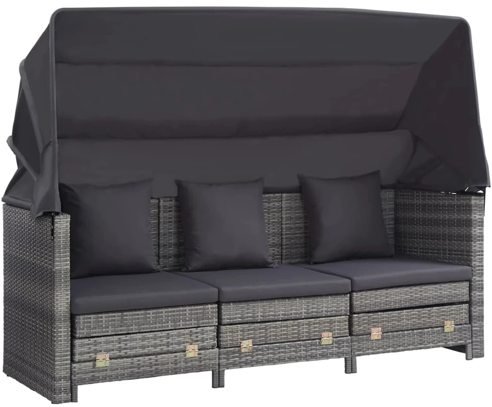 Ištraukiama trivietė sofa-lova su stogeliu, pilka, poliratanas