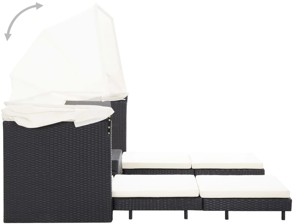 Ištraukiama trivietė sofa-lova su stogeliu, juoda, poliratanas