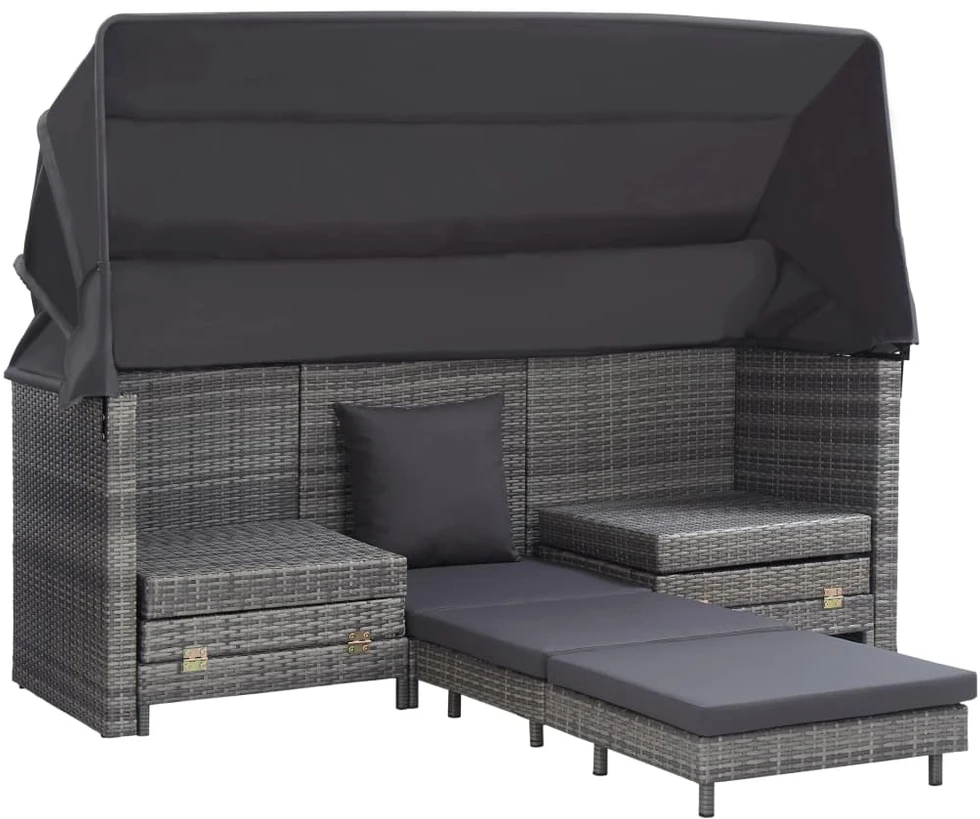 Ištraukiama trivietė sofa-lova su stogeliu, pilka, poliratanas