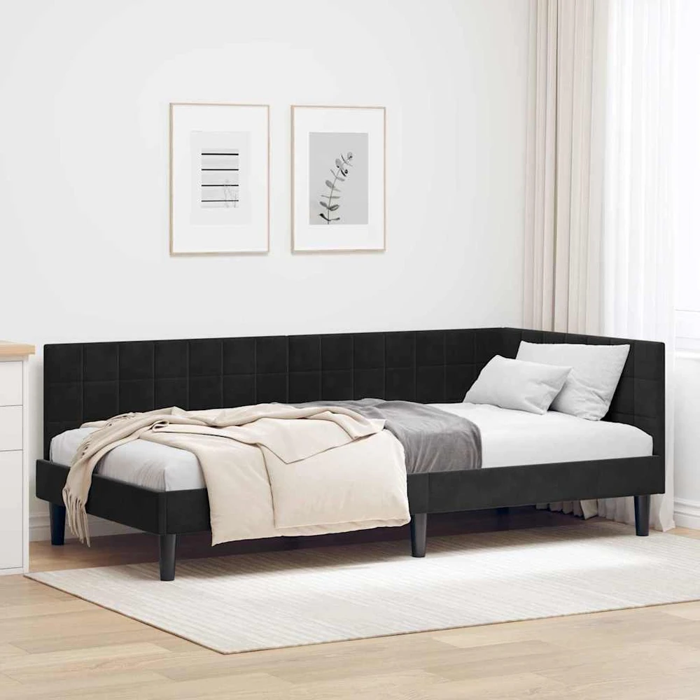 Lova Kampinė lovos konstrukcija Juoda 100 cm x 200 cm Aksomas