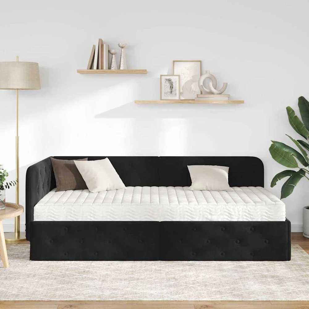Lova Kampinė lovos konstrukcija Juodas 100 x 200 cm Aksomas