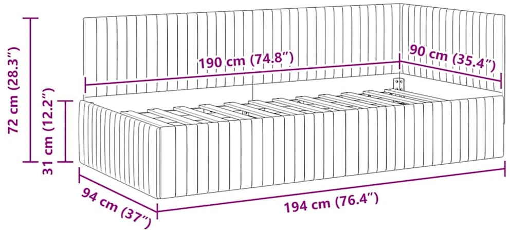 Lova Kampinė lovos konstrukcija Juoda 90 cm x 190 cm Aksomas