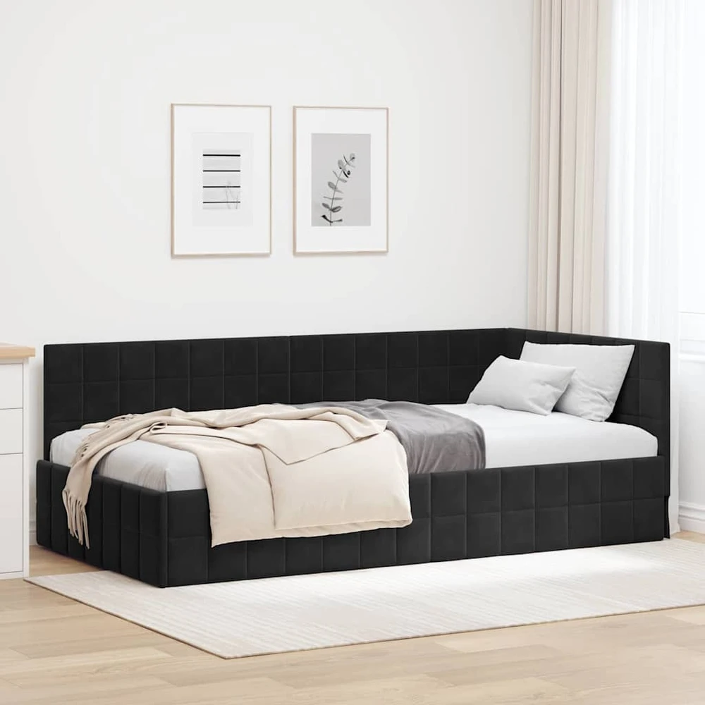 Lova Kampinė lovos konstrukcija Juoda 90 cm x 190 cm Aksomas